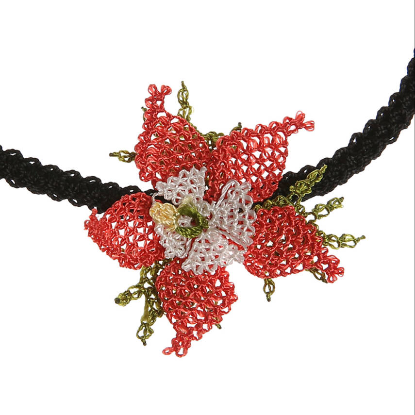 Kolye Yıldız Çiçekli Tasma Kolye İnce Elişi İğne Oyası 50 Cm Mercan Kırmızı  - 5