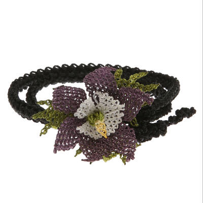 Kolye Yıldız Çiçekli Tasma Kolye İnce Elişi İğne Oyası 50 Cm Mor-Siyah