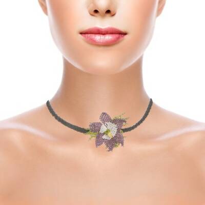 Kolye Yıldız Çiçekli Tasma Kolye İnce Elişi İğne Oyası 50 Cm Mor-Siyah - 2