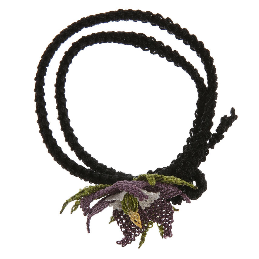 Kolye Yıldız Çiçekli Tasma Kolye İnce Elişi İğne Oyası 50 Cm Mor-Siyah - 3