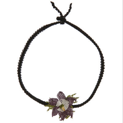 Kolye Yıldız Çiçekli Tasma Kolye İnce Elişi İğne Oyası 50 Cm Mor-Siyah - 4