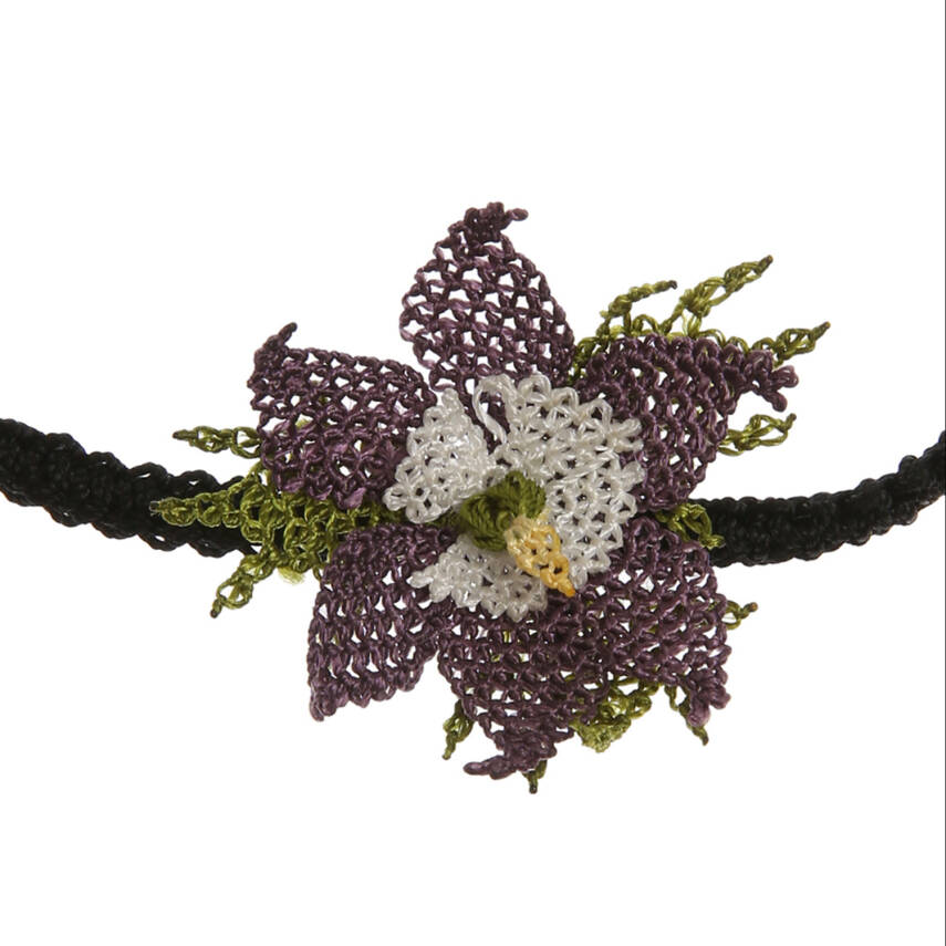 Kolye Yıldız Çiçekli Tasma Kolye İnce Elişi İğne Oyası 50 Cm Mor-Siyah - 5