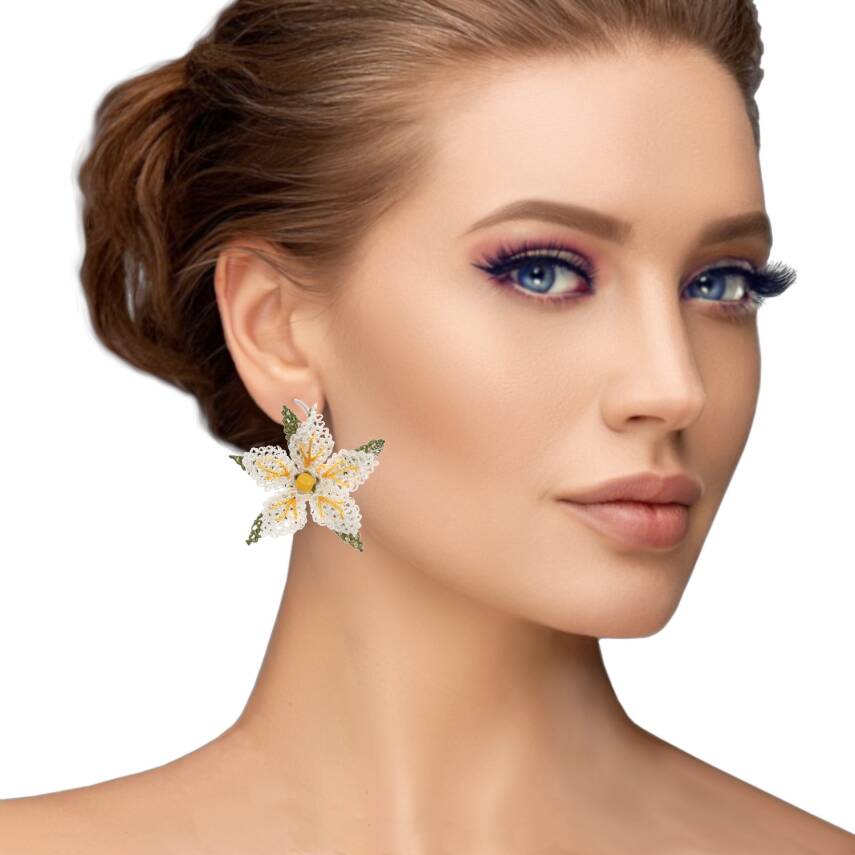 Küpe Mini Çiçek Küpe Elişi İğne Oyası   Cm Beyaz Sarı - 2