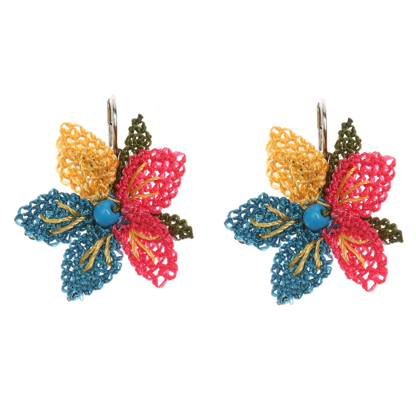 Küpe Mini Çiçek Küpe Elişi İğne Oyası   Cm Mavi Kırmızı - 1