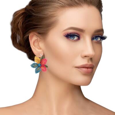 Küpe Mini Çiçek Küpe Elişi İğne Oyası   Cm Mavi Kırmızı - 2