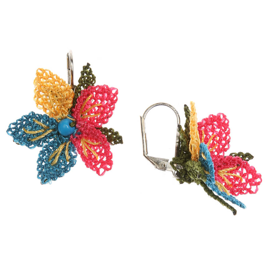 Küpe Mini Çiçek Küpe Elişi İğne Oyası   Cm Mavi Kırmızı - 3