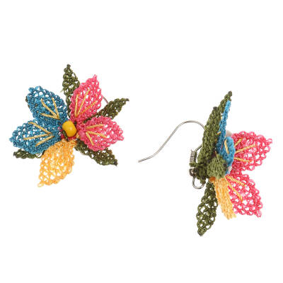 Küpe Mini Çiçek Küpe Elişi İğne Oyası   Cm Mavi Pembe - 3