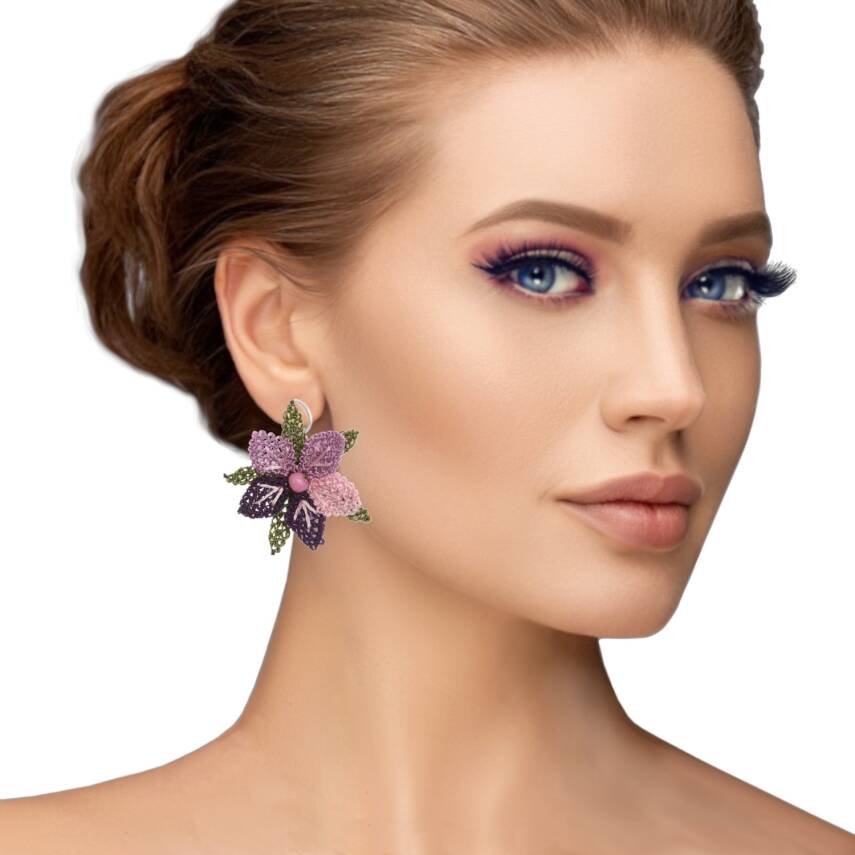 Küpe Mini Çiçek Küpe Elişi İğne Oyası   Cm Mor Lila - 2