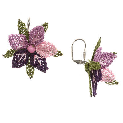 Küpe Mini Çiçek Küpe Elişi İğne Oyası   Cm Mor Lila - 3