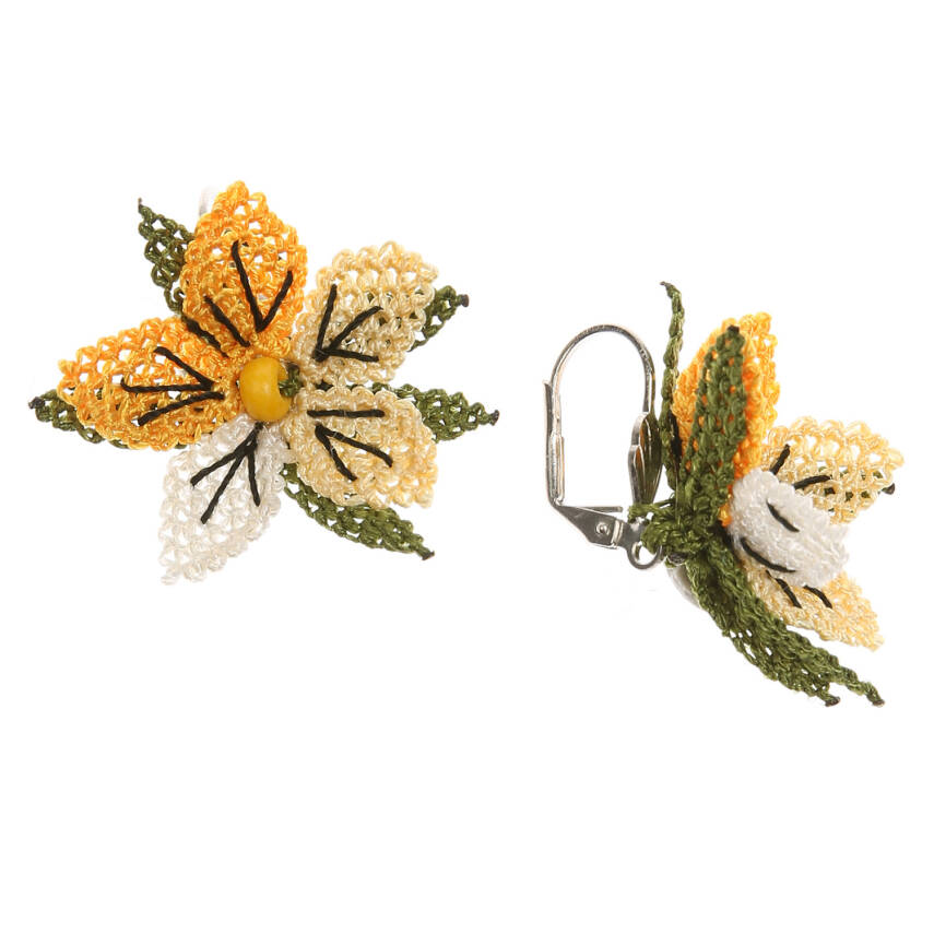 Küpe Mini Çiçek Küpe Elişi İğne Oyası   Cm Sarı - 3