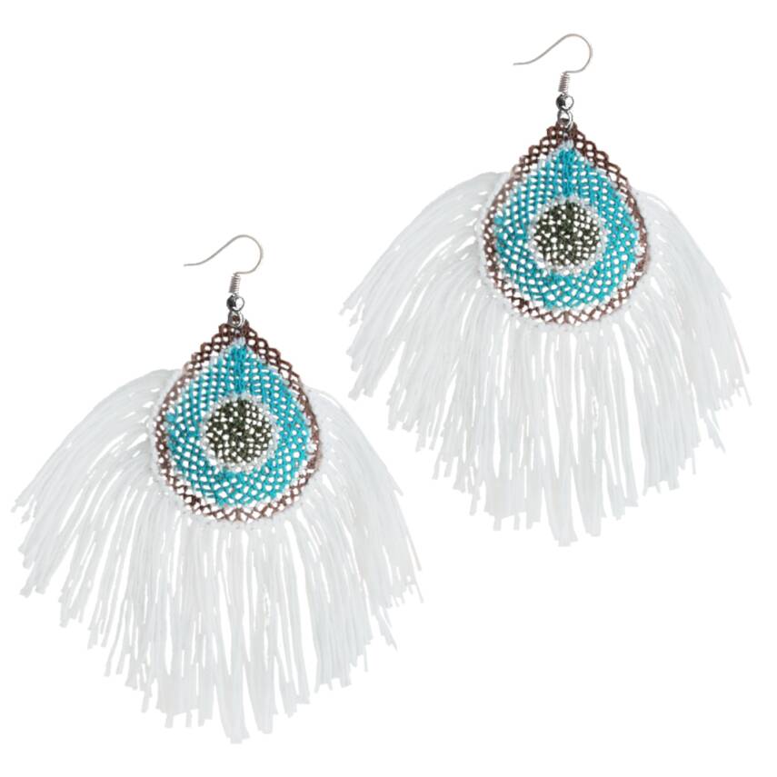 Küpe Tavus Tüy Model Küpe Elişi İğne Oyası  5 Cm Beyaz - 1