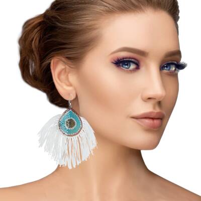 Küpe Tavus Tüy Model Küpe Elişi İğne Oyası  5 Cm Beyaz - 2