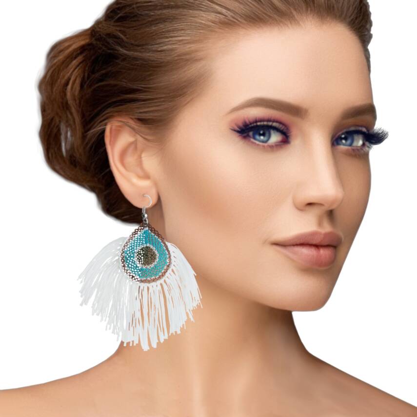 Küpe Tavus Tüy Model Küpe Elişi İğne Oyası  5 Cm Beyaz - 2