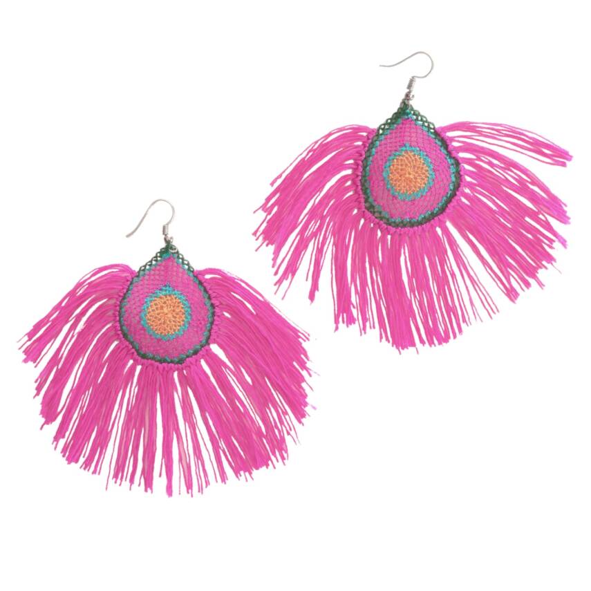 Küpe Tavus Tüy Model Küpe Elişi İğne Oyası  5 Cm Fuşya - 1