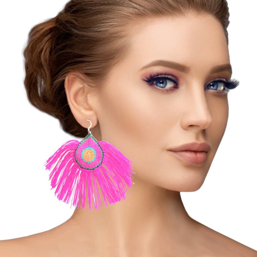 Küpe Tavus Tüy Model Küpe Elişi İğne Oyası  5 Cm Fuşya - 2