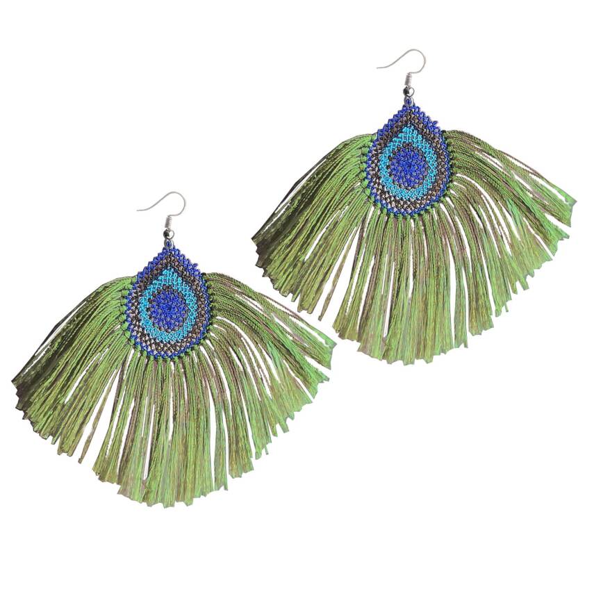 Küpe Tavus Tüy Model Küpe Elişi İğne Oyası  5 Cm Haki - 1