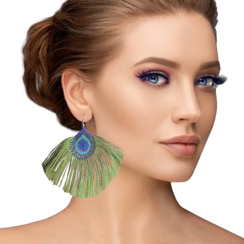 Küpe Tavus Tüy Model Küpe Elişi İğne Oyası  5 Cm Haki - 2