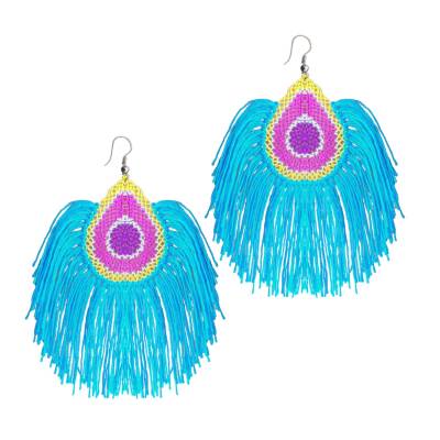 Küpe Tavus Tüy Model Küpe Elişi İğne Oyası  5 Cm Mavi