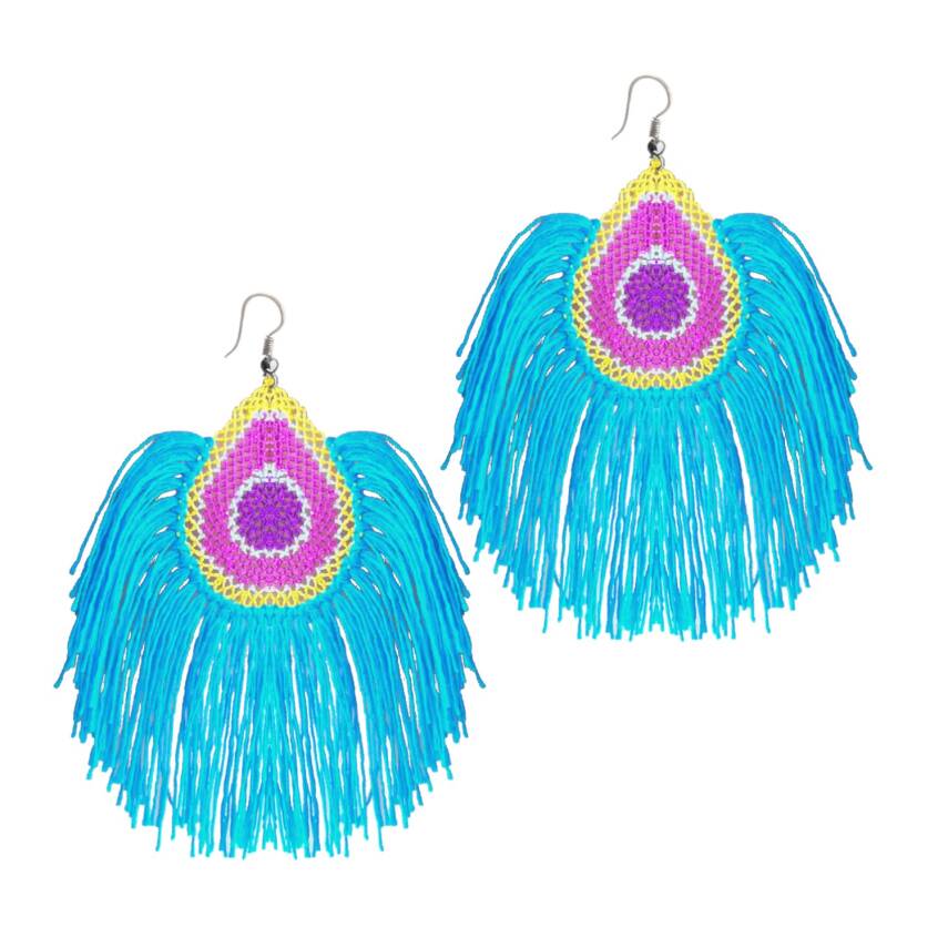 Küpe Tavus Tüy Model Küpe Elişi İğne Oyası  5 Cm Mavi - 1