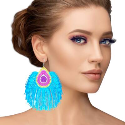 Küpe Tavus Tüy Model Küpe Elişi İğne Oyası  5 Cm Mavi - 2