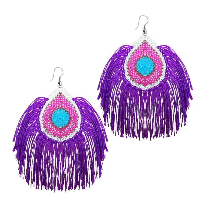 Küpe Tavus Tüy Model Küpe Elişi İğne Oyası  5 Cm Mor - 1