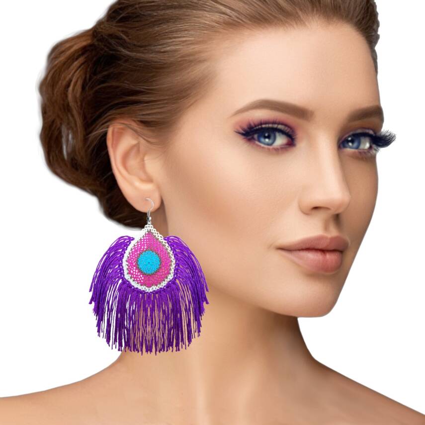 Küpe Tavus Tüy Model Küpe Elişi İğne Oyası  5 Cm Mor - 2