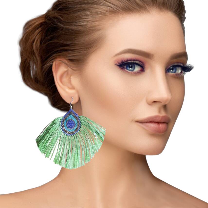 Küpe Tavus Tüy Model Küpe Elişi İğne Oyası  5 Cm Yeşil - 2