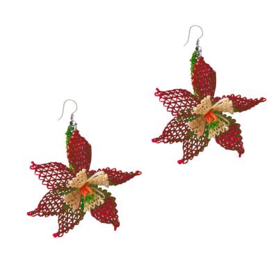 Küpe Yıldız Çiçekli Küpe Elişi İğne Oyası  2 Cm Mürdüm-Krem