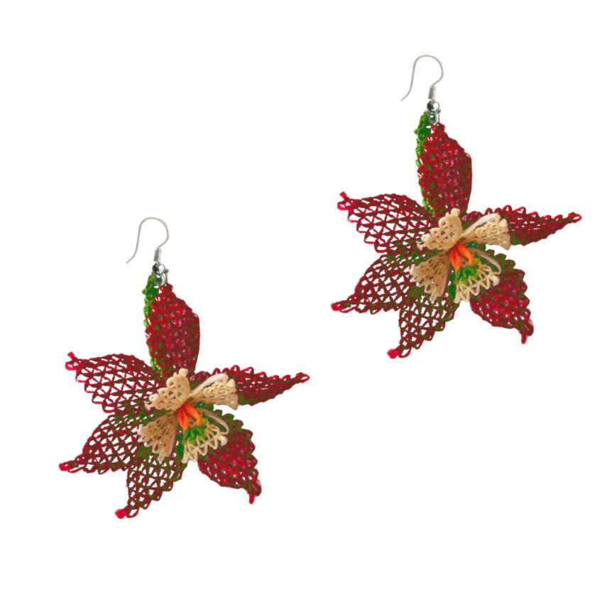 Küpe Yıldız Çiçekli Küpe Elişi İğne Oyası  2 Cm Mürdüm-Krem - 1