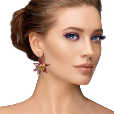 Küpe Yıldız Çiçekli Küpe Elişi İğne Oyası  2 Cm Mürdüm-Krem - 2