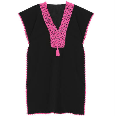 Pareo Fuşya İşlemeli Siyah Pareo  Dantelli Pamuk Kumaş Püsküllü Stnd. Beden Siyah Fuşya Kadın