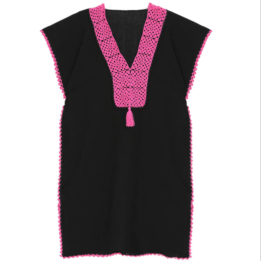 Pareo Fuşya İşlemeli Siyah Pareo  Dantelli Pamuk Kumaş Püsküllü Stnd. Beden Siyah Fuşya Kadın - 1