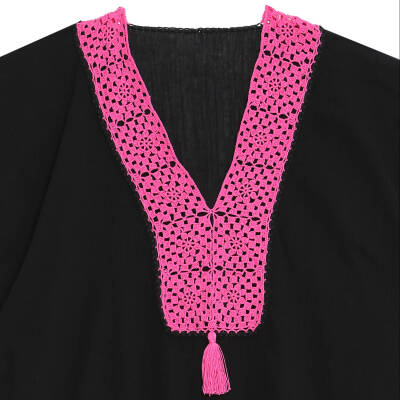 Pareo Fuşya İşlemeli Siyah Pareo  Dantelli Pamuk Kumaş Püsküllü Stnd. Beden Siyah Fuşya Kadın - 2