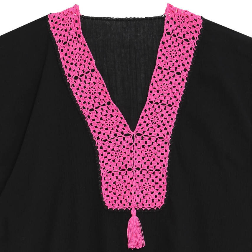 Pareo Fuşya İşlemeli Siyah Pareo  Dantelli Pamuk Kumaş Püsküllü Stnd. Beden Siyah Fuşya Kadın - 2
