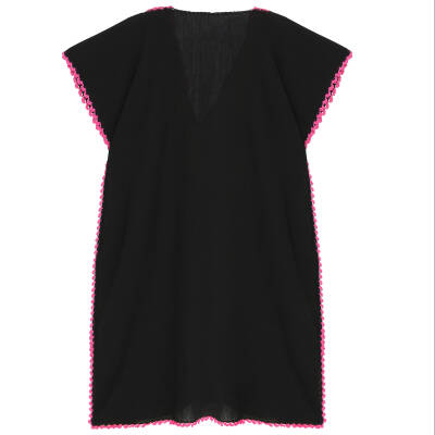 Pareo Fuşya İşlemeli Siyah Pareo  Dantelli Pamuk Kumaş Püsküllü Stnd. Beden Siyah Fuşya Kadın - 3