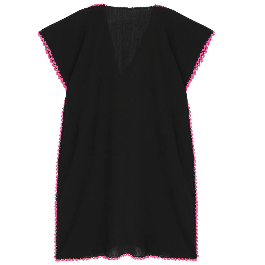 Pareo Fuşya İşlemeli Siyah Pareo  Dantelli Pamuk Kumaş Püsküllü Stnd. Beden Siyah Fuşya Kadın - 3