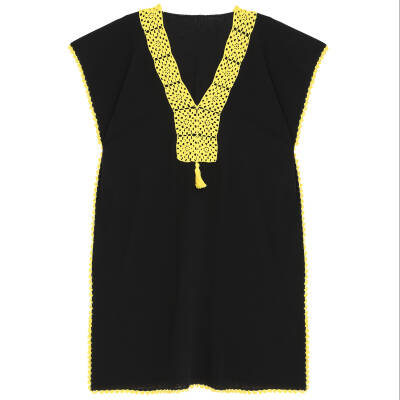 Pareo Sarı İşlemeli Siyah Pareo  Dantelli Pamuk Kumaş Püsküllü Stnd. Beden Siyah Sarı Kadın