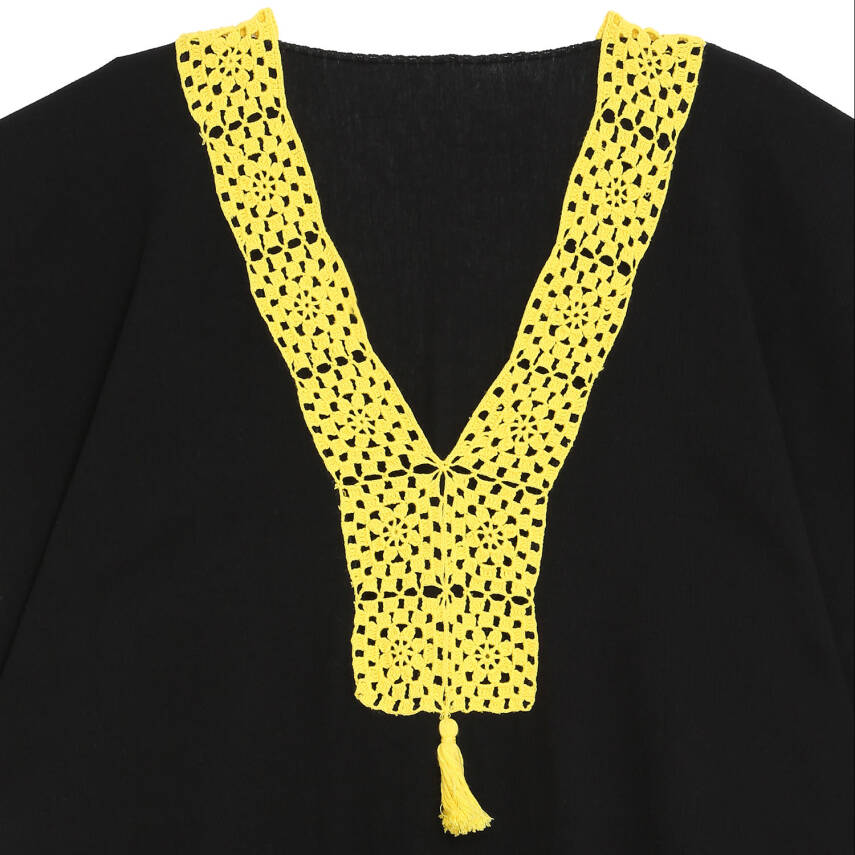 Pareo Sarı İşlemeli Siyah Pareo  Dantelli Pamuk Kumaş Püsküllü Stnd. Beden Siyah Sarı Kadın - 2