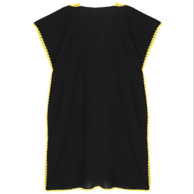 Pareo Sarı İşlemeli Siyah Pareo  Dantelli Pamuk Kumaş Püsküllü Stnd. Beden Siyah Sarı Kadın - 3