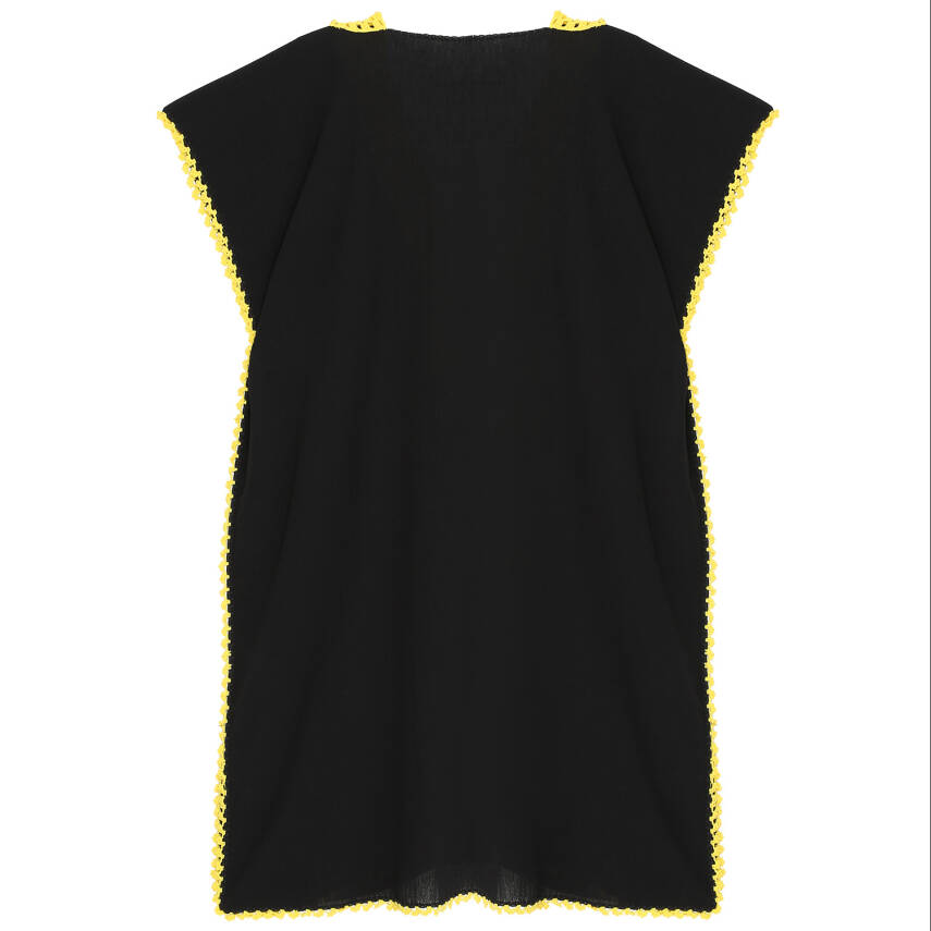 Pareo Sarı İşlemeli Siyah Pareo  Dantelli Pamuk Kumaş Püsküllü Stnd. Beden Siyah Sarı Kadın - 3