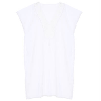 Pareo Yaka Ve Kenar İşlemeli Beyaz Pareo Dantelli Pamuk Kumaş Püsküllü Stnd. Beden Beyaz Kadın