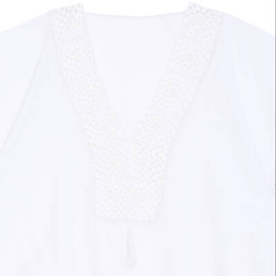 Pareo Yaka Ve Kenar İşlemeli Beyaz Pareo Dantelli Pamuk Kumaş Püsküllü Stnd. Beden Beyaz Kadın - 2