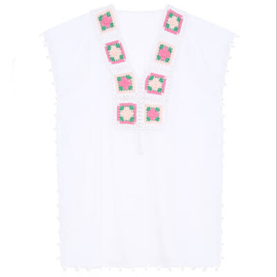 Pareo Yaka Ve Kenar İşlemeli Beyaz Pareo Pembe Yeşil İşlemeli Dantelli Pamuk Kumaş Püsküllü Stnd. Beden Beyaz Renkli Kadın