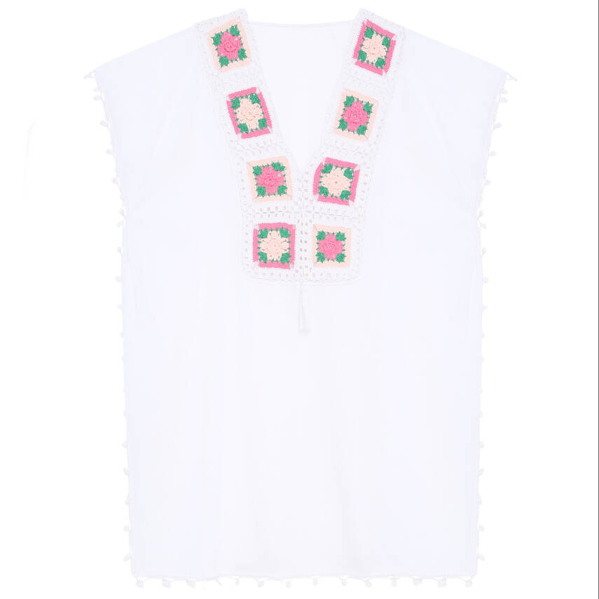 Pareo Yaka Ve Kenar İşlemeli Beyaz Pareo Pembe Yeşil İşlemeli Dantelli Pamuk Kumaş Püsküllü Stnd. Beden Beyaz Renkli Kadın - 1