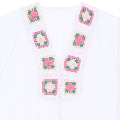 Pareo Yaka Ve Kenar İşlemeli Beyaz Pareo Pembe Yeşil İşlemeli Dantelli Pamuk Kumaş Püsküllü Stnd. Beden Beyaz Renkli Kadın - 2