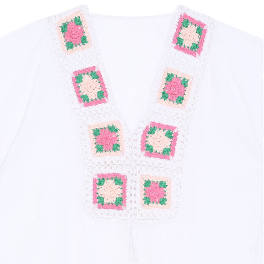 Pareo Yaka Ve Kenar İşlemeli Beyaz Pareo Pembe Yeşil İşlemeli Dantelli Pamuk Kumaş Püsküllü Stnd. Beden Beyaz Renkli Kadın - 2