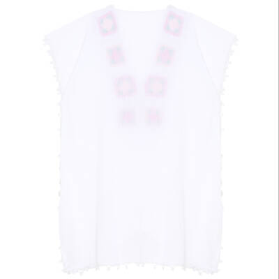 Pareo Yaka Ve Kenar İşlemeli Beyaz Pareo Pembe Yeşil İşlemeli Dantelli Pamuk Kumaş Püsküllü Stnd. Beden Beyaz Renkli Kadın - 3