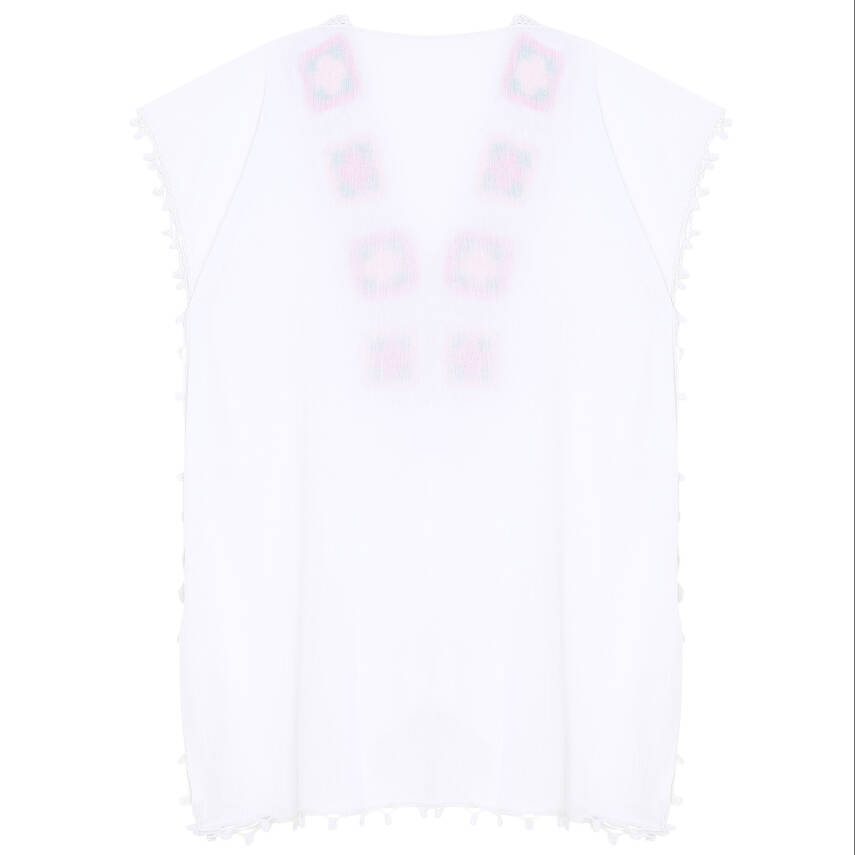 Pareo Yaka Ve Kenar İşlemeli Beyaz Pareo Pembe Yeşil İşlemeli Dantelli Pamuk Kumaş Püsküllü Stnd. Beden Beyaz Renkli Kadın - 3