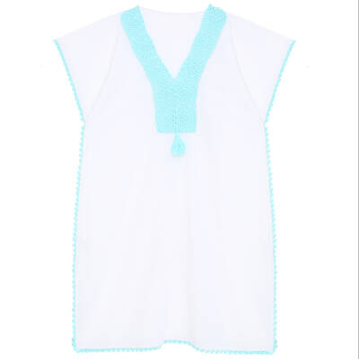 Pareo Yaka Ve Kenar İşlemeli Beyaz Pareo Turkuaz İşlemeli Dantelli Pamuk Kumaş Püsküllü Stnd. Beden Beyaz Turkuaz Kadın