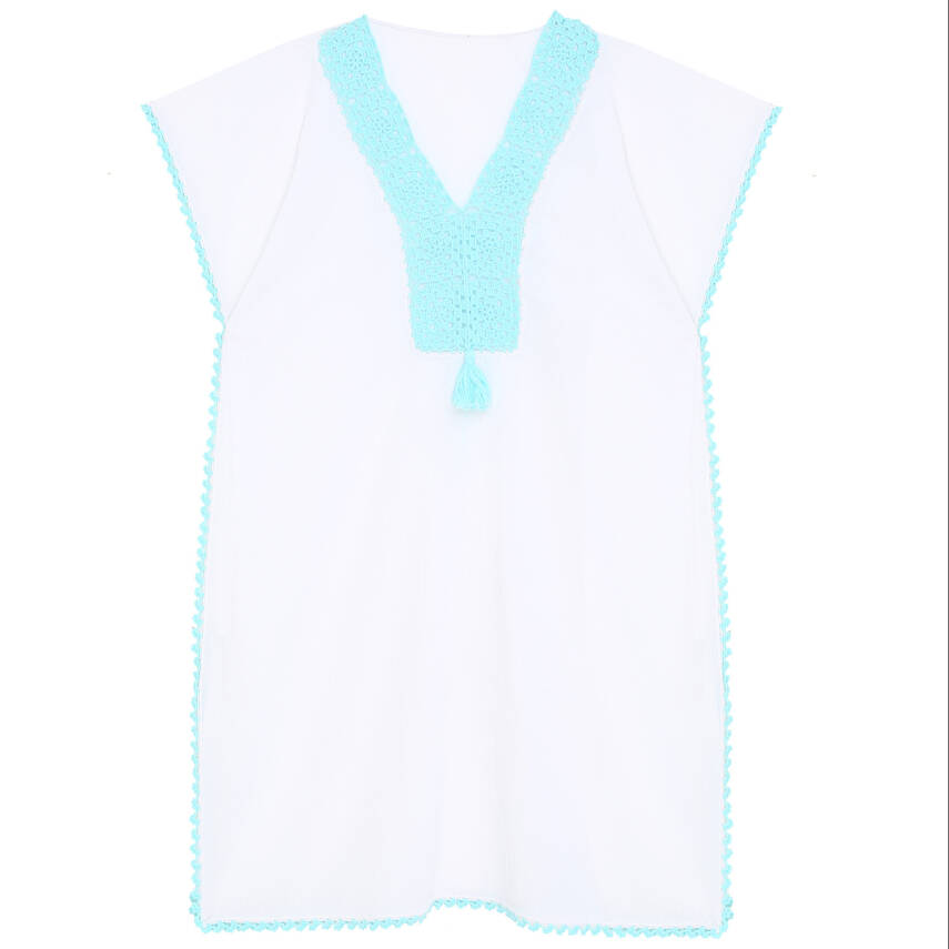 Pareo Yaka Ve Kenar İşlemeli Beyaz Pareo Turkuaz İşlemeli Dantelli Pamuk Kumaş Püsküllü Stnd. Beden Beyaz Turkuaz Kadın - 1